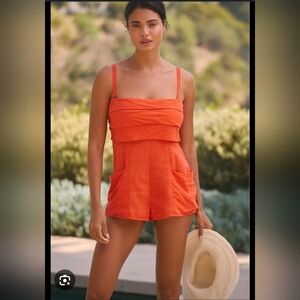 Anthropologie Orange Strapless Linen Romper, Size XL Summer Beach Coverup NwT